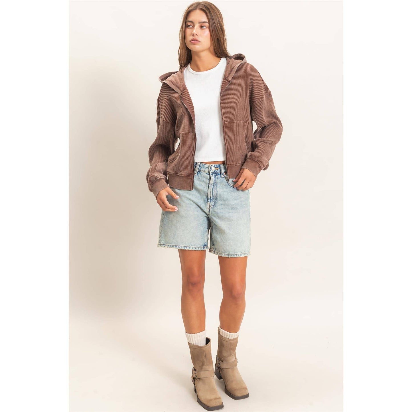 Acid Wash Waffle Knit Zip Up