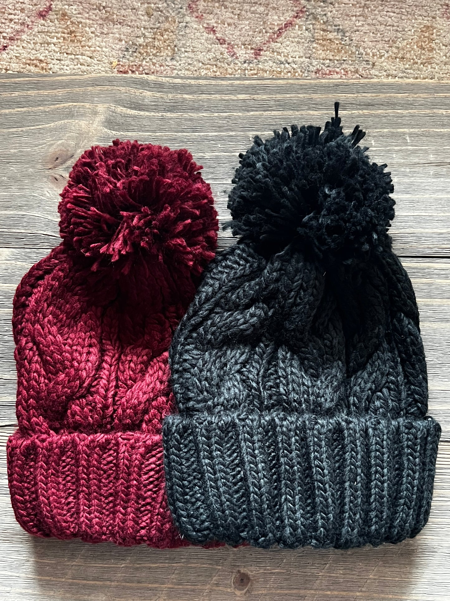 burgundy and black pom beanie