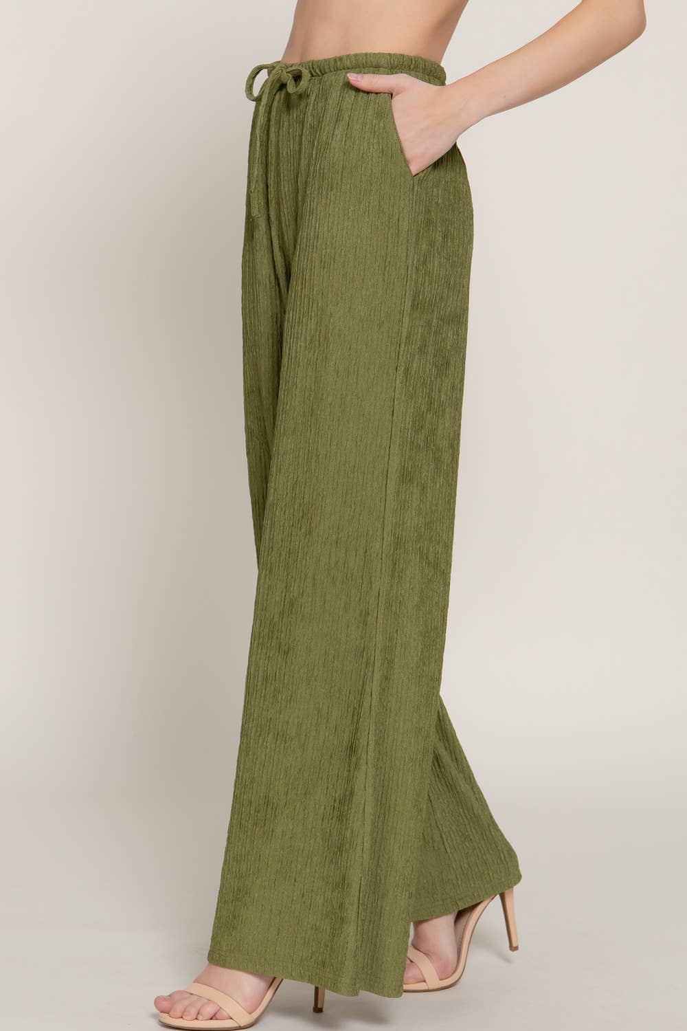 Olive Crinkle Knit Long Pants