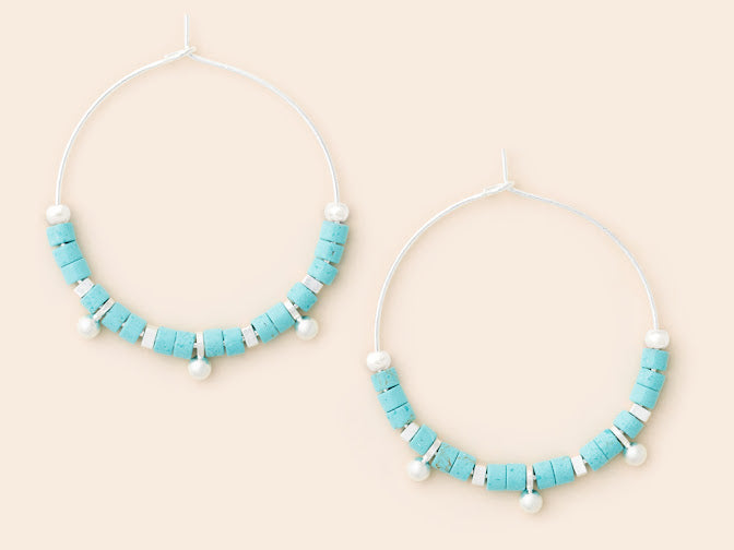 Stone Disc Hoop Earring - Turquoise/Silver