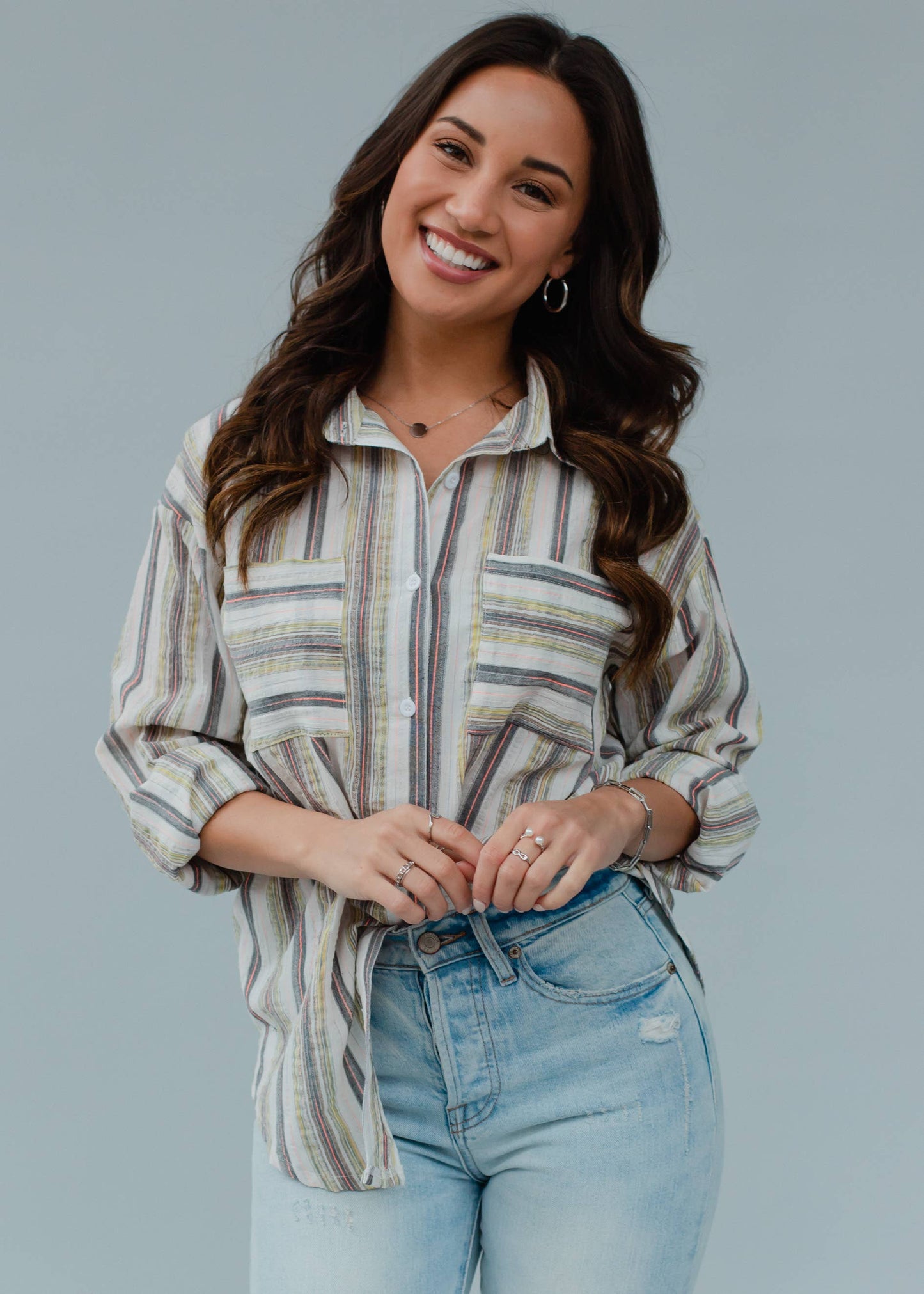 Gray & Yellow Striped Button Up