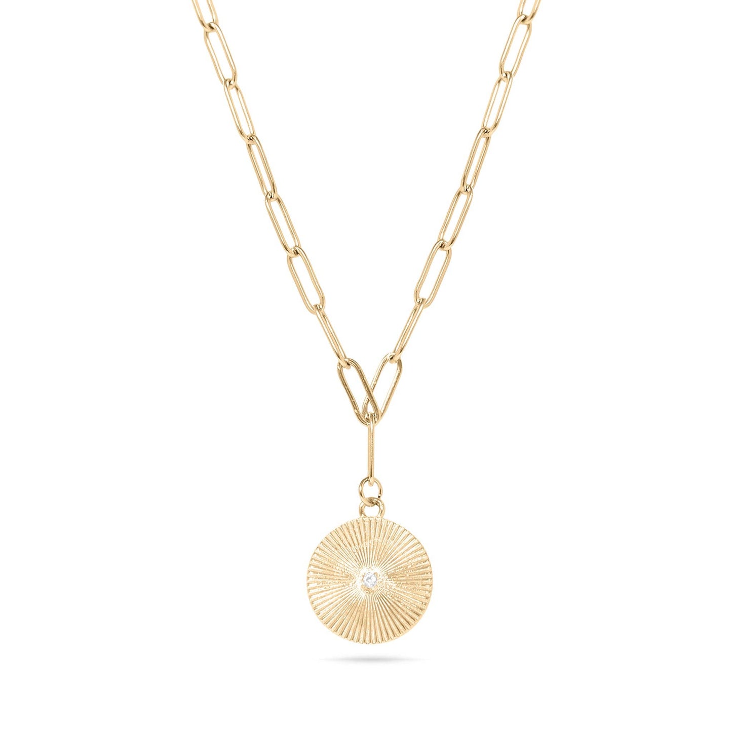 18K Gold PVD Stainless Steel Sunburst Medallion CZ Paperclip Necklace