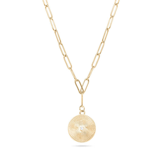 18K Gold PVD Stainless Steel Sunburst Medallion CZ Paperclip Necklace