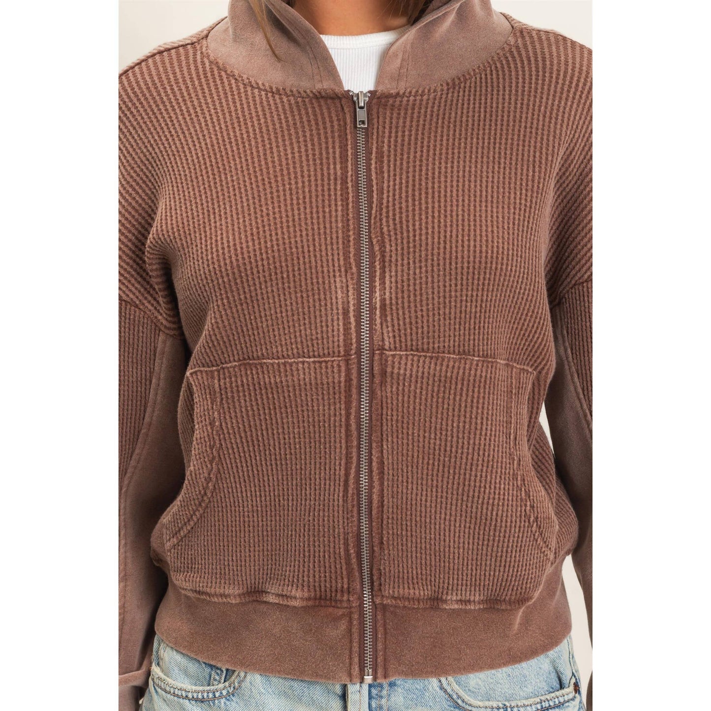 Acid Wash Waffle Knit Zip Up