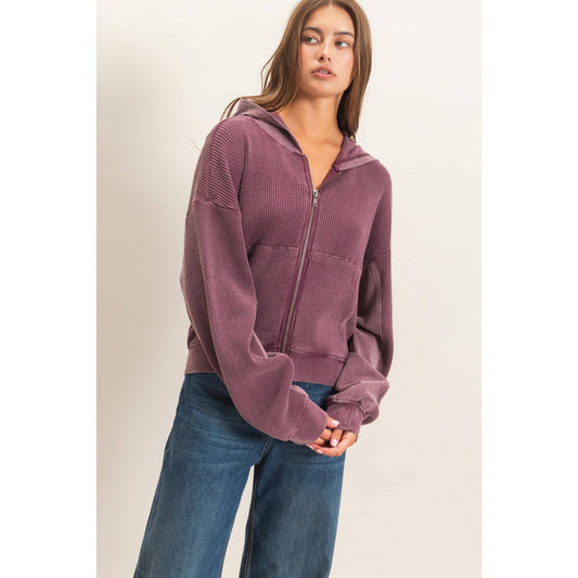 Acid Wash Waffle Knit Zip Up