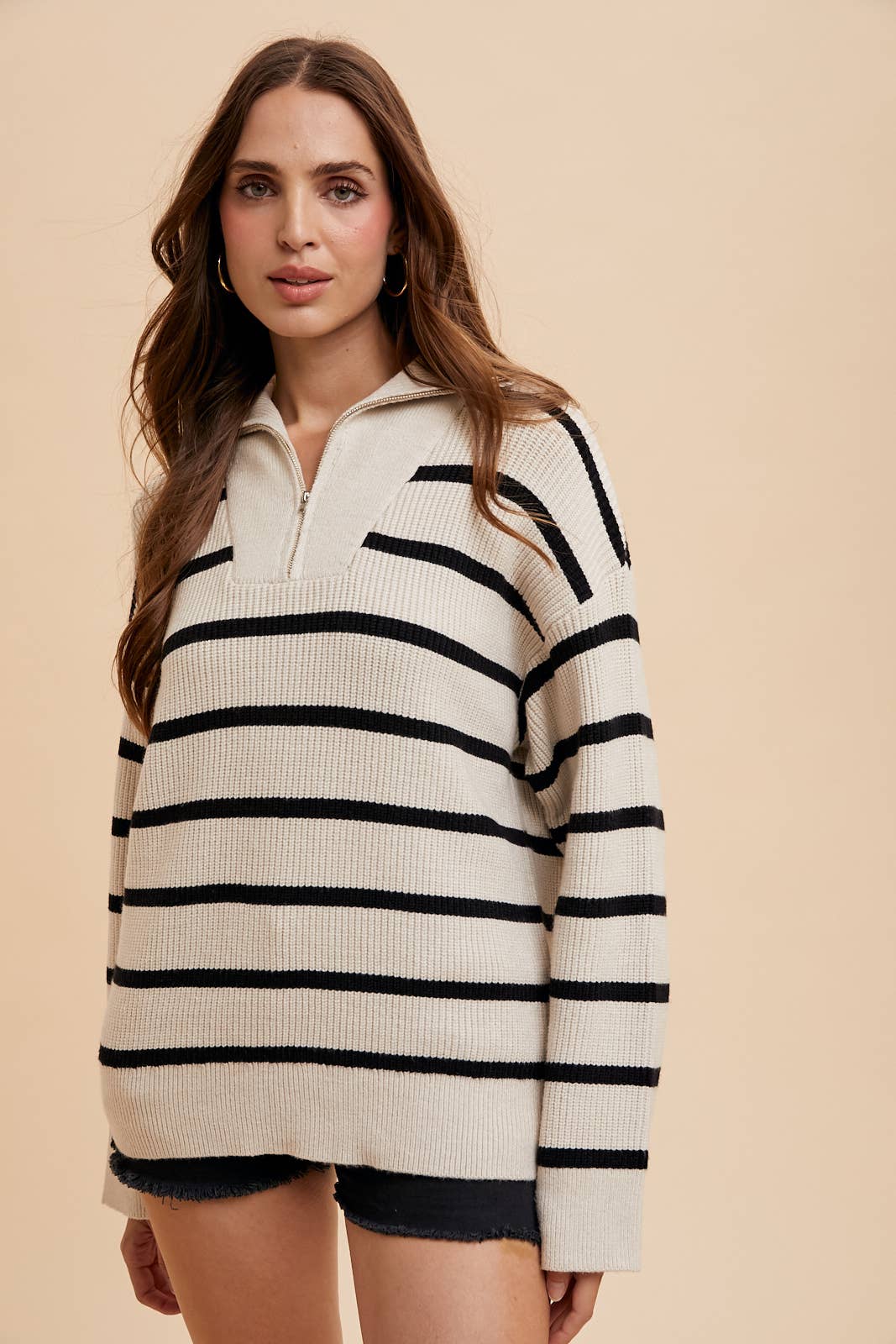 STRIPED HALF ZIP KNITTED PULLOVER