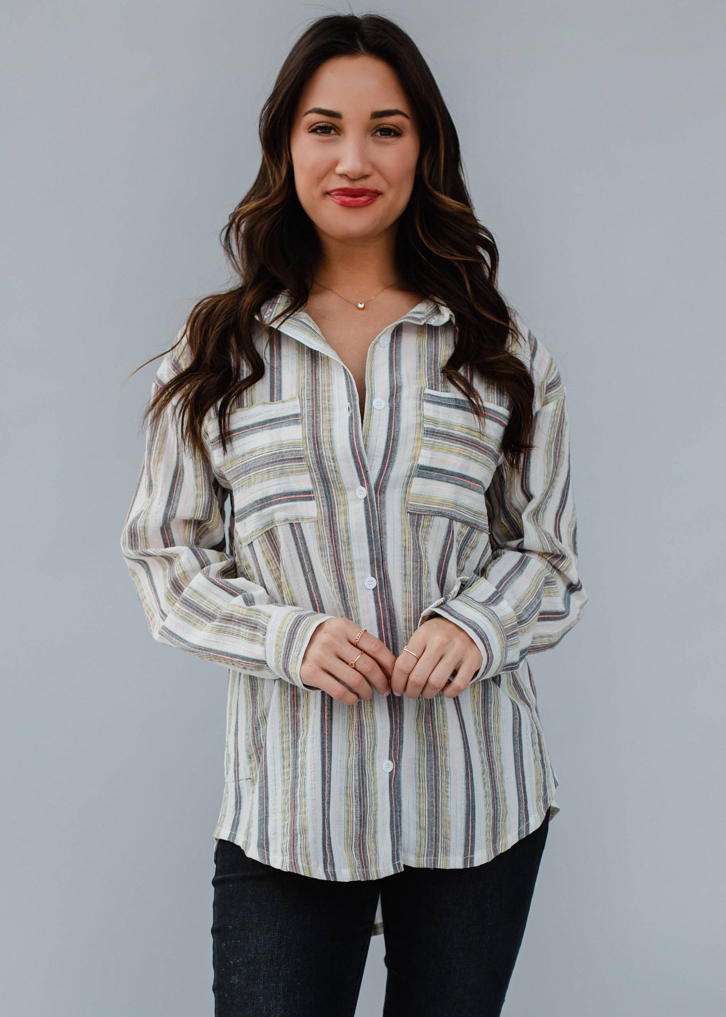 Gray & Yellow Striped Button Up