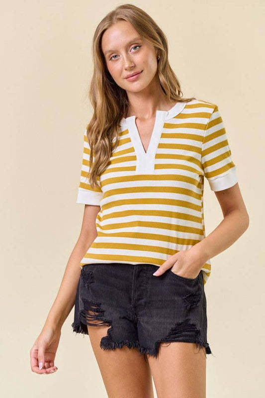 STRIPED V-NECK KNIT TOP