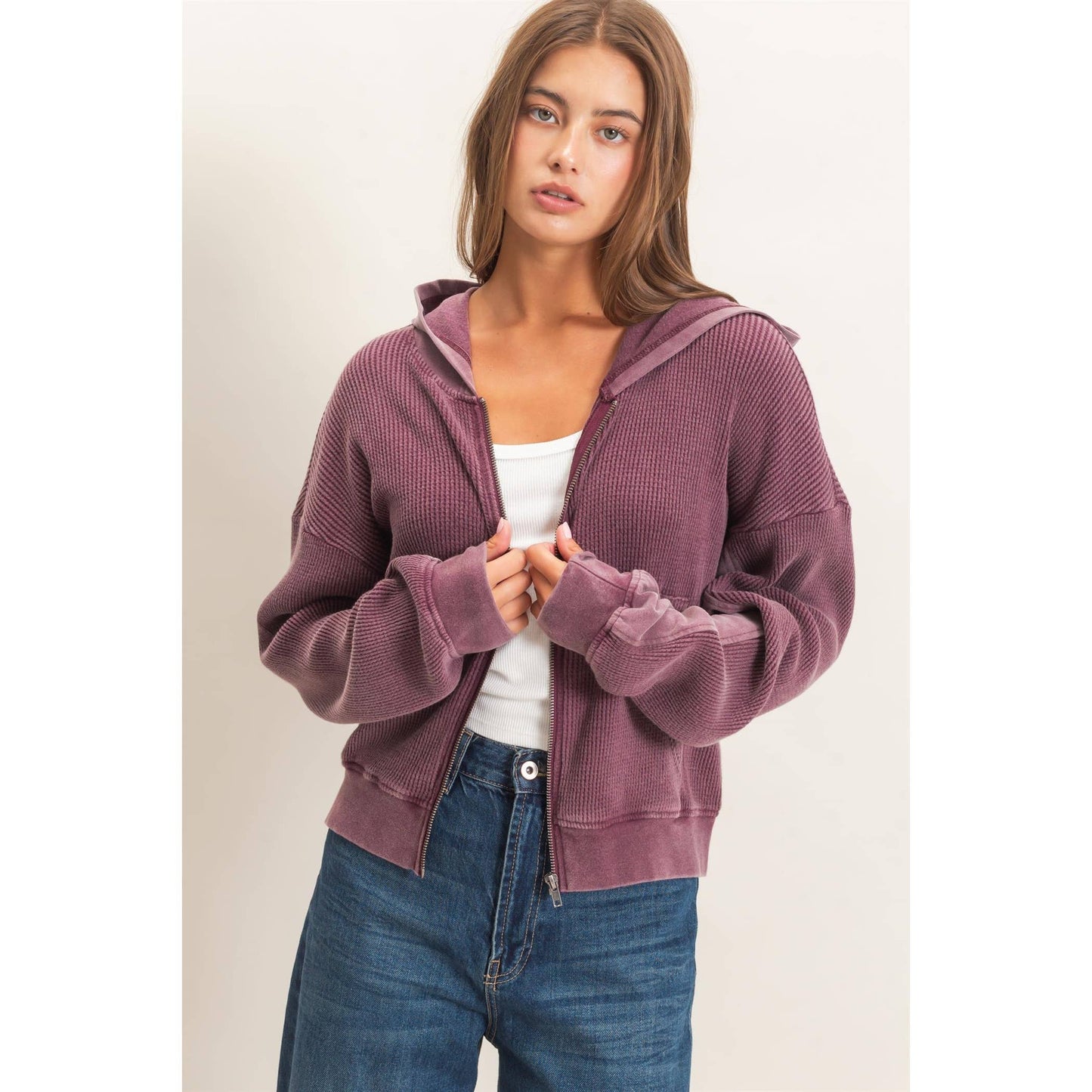Acid Wash Waffle Knit Zip Up