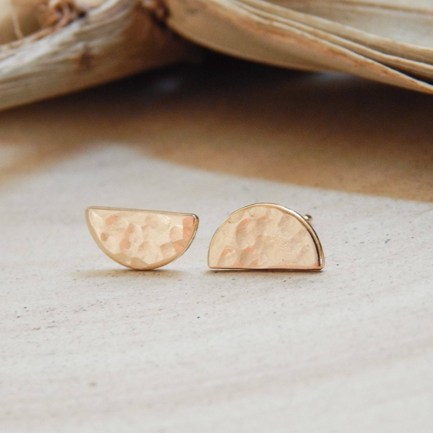 Half Circle Stud Earrings - Hypoallergenic, Waterproof: Gold / Hammered