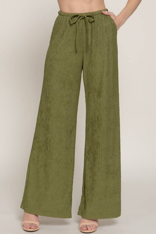 Olive Crinkle Knit Long Pants