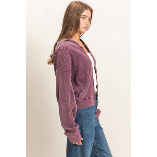 Acid Wash Waffle Knit Zip Up