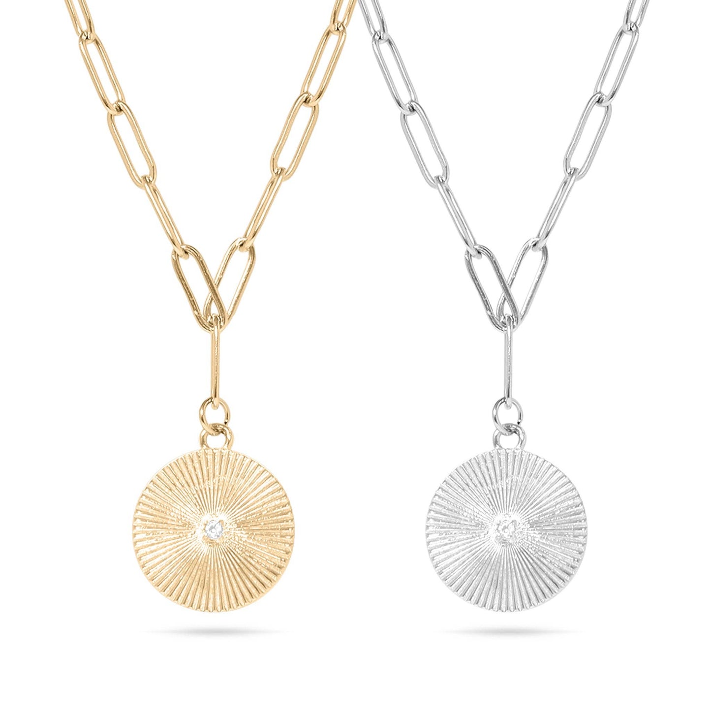 18K Gold PVD Stainless Steel Sunburst Medallion CZ Paperclip Necklace
