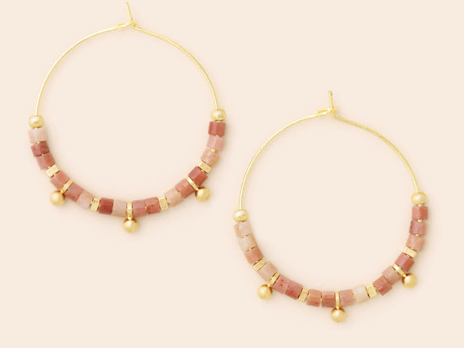 Stone Disc Hoop Earring - Rhodonite/Gold