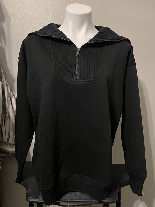 Mock Neck Quarter Zip Sweatshirt-Black