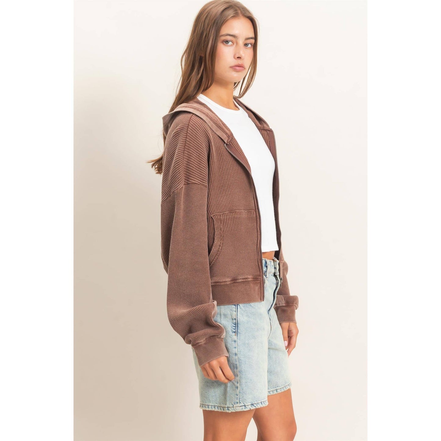 Acid Wash Waffle Knit Zip Up