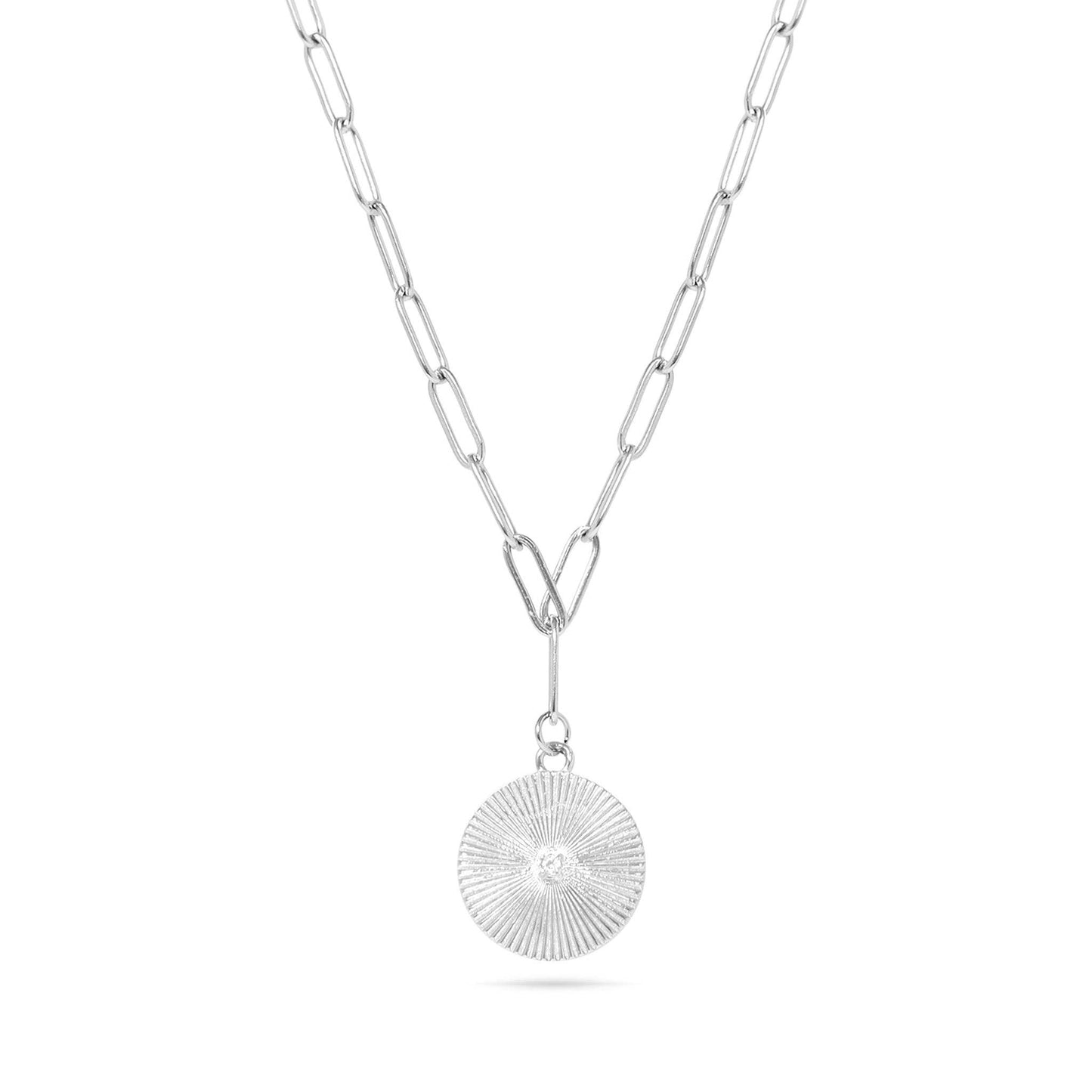 18K Gold PVD Stainless Steel Sunburst Medallion CZ Paperclip Necklace