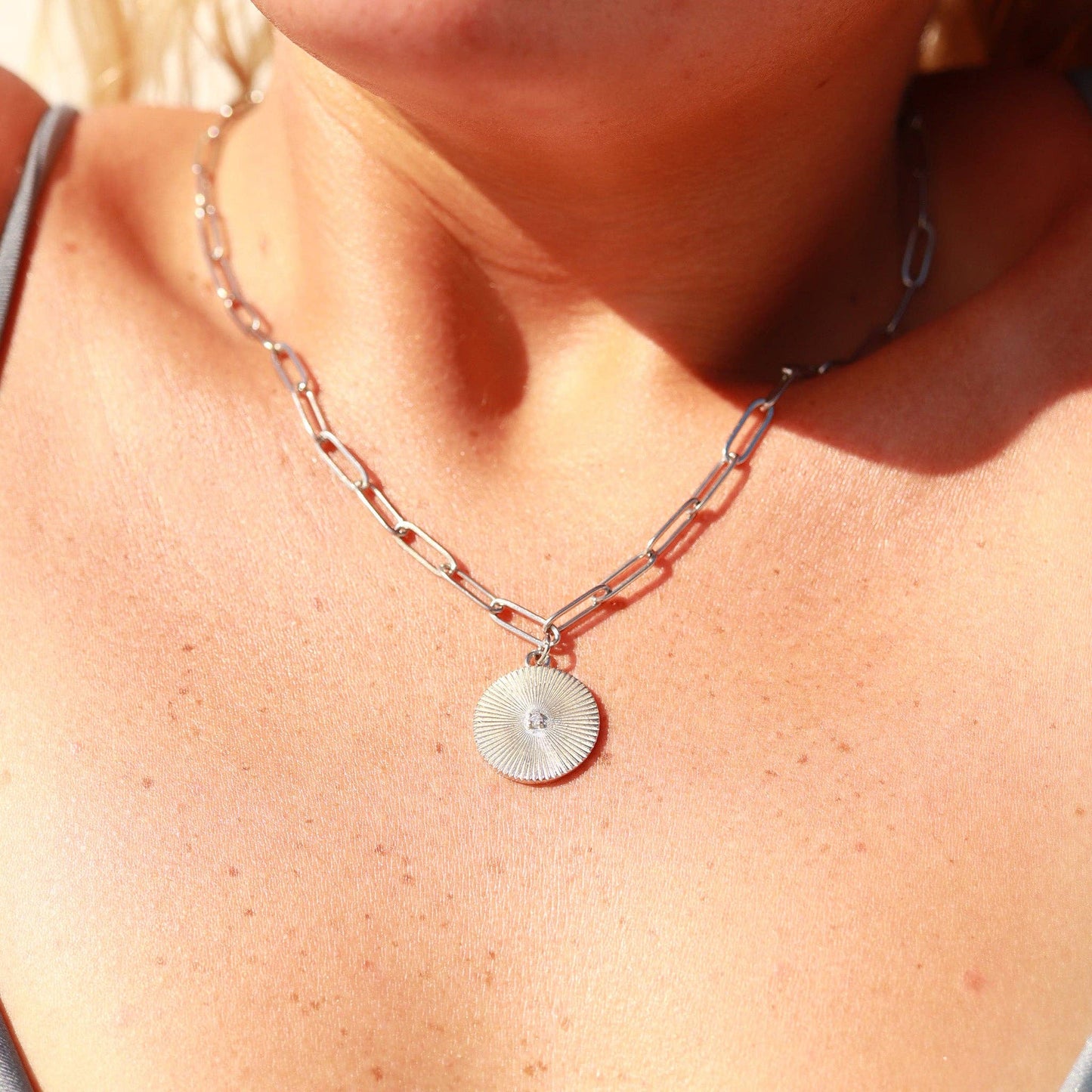 18K Gold PVD Stainless Steel Sunburst Medallion CZ Paperclip Necklace