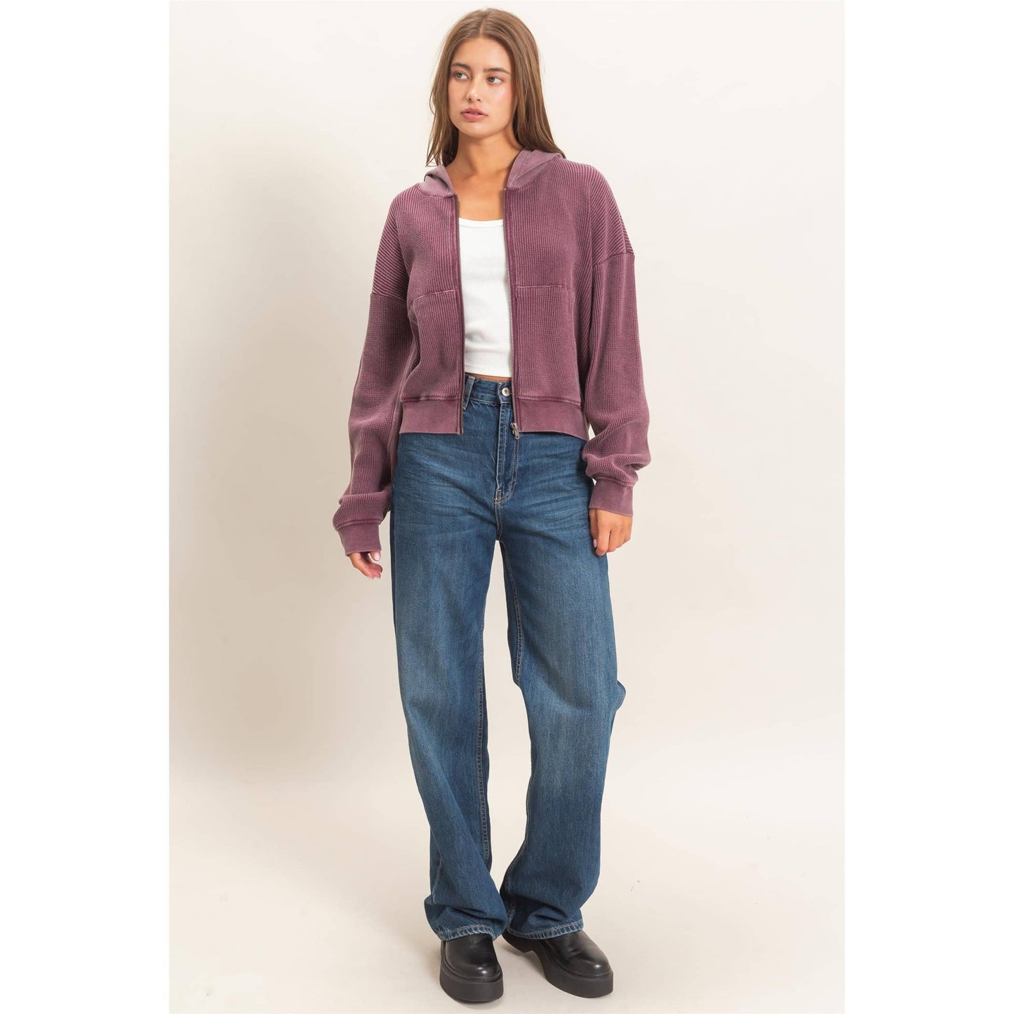 Acid Wash Waffle Knit Zip Up