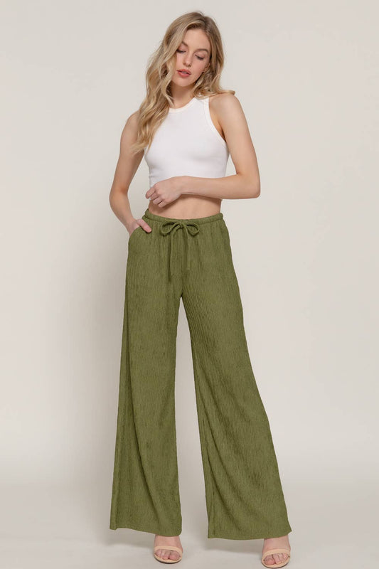 Olive Crinkle Knit Long Pants