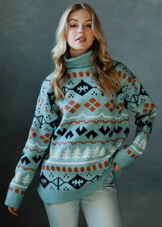 Lt. Blue Christmas Print Turtleneck Sweater