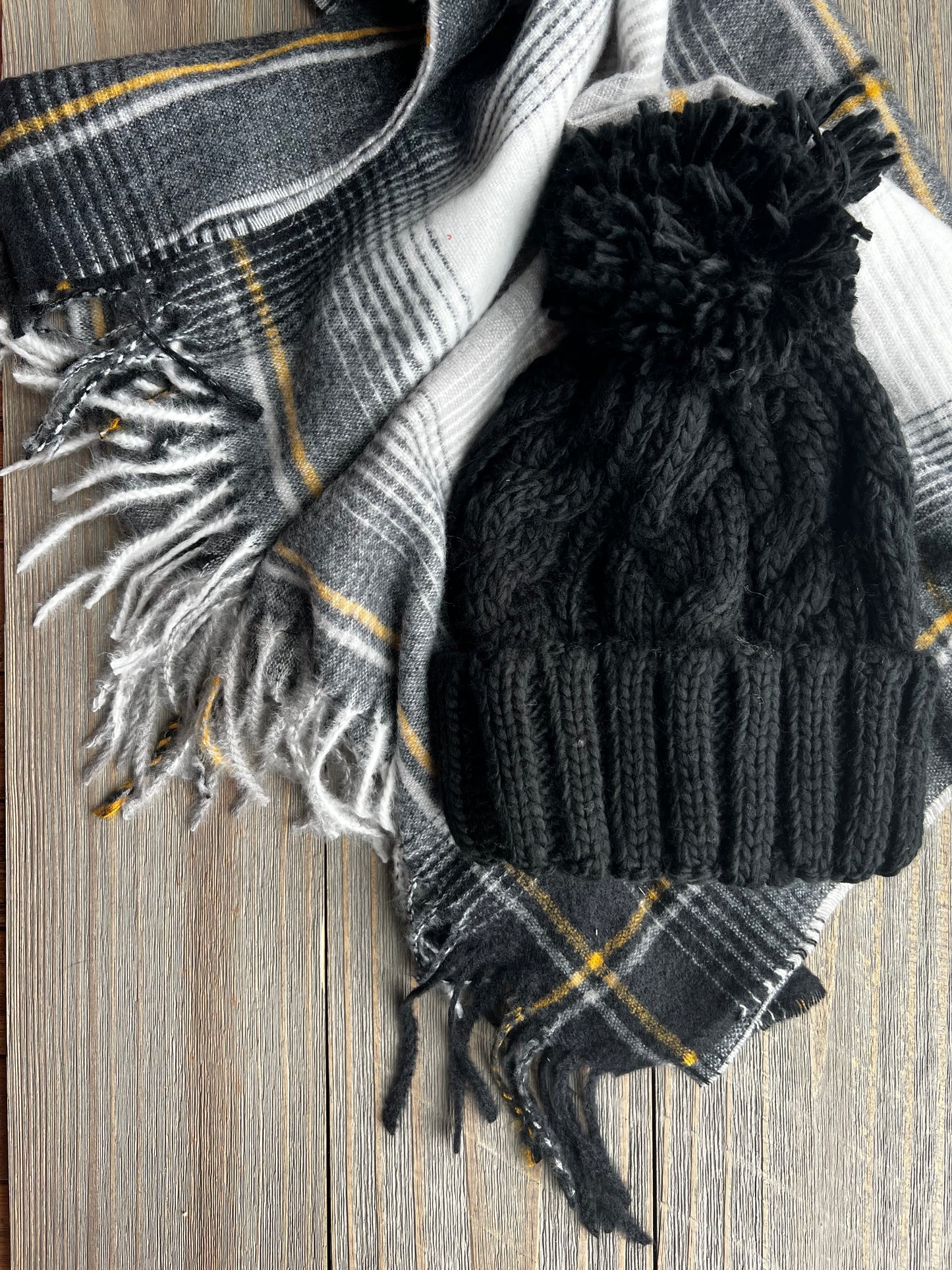 black pom beanie with scarf