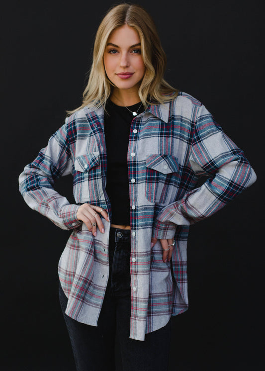 Grey, Blue & Red Plaid Flannel