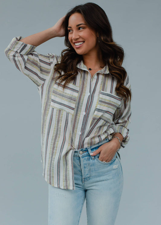 Gray & Yellow Striped Button Up